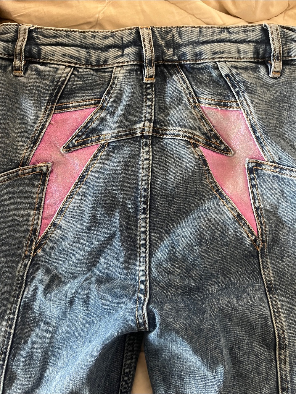 Free People High-Rise Blue Denim Jeans with Pink Lightning Insets